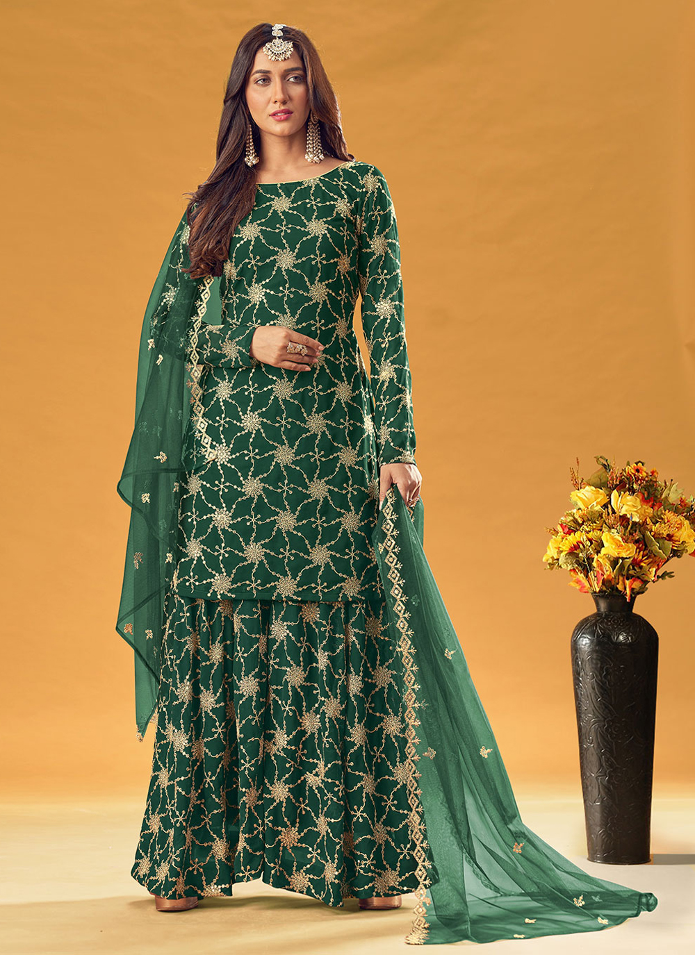 Buy Green Embroidered Faux Georgette Palazzo Salwar Suit 228871 