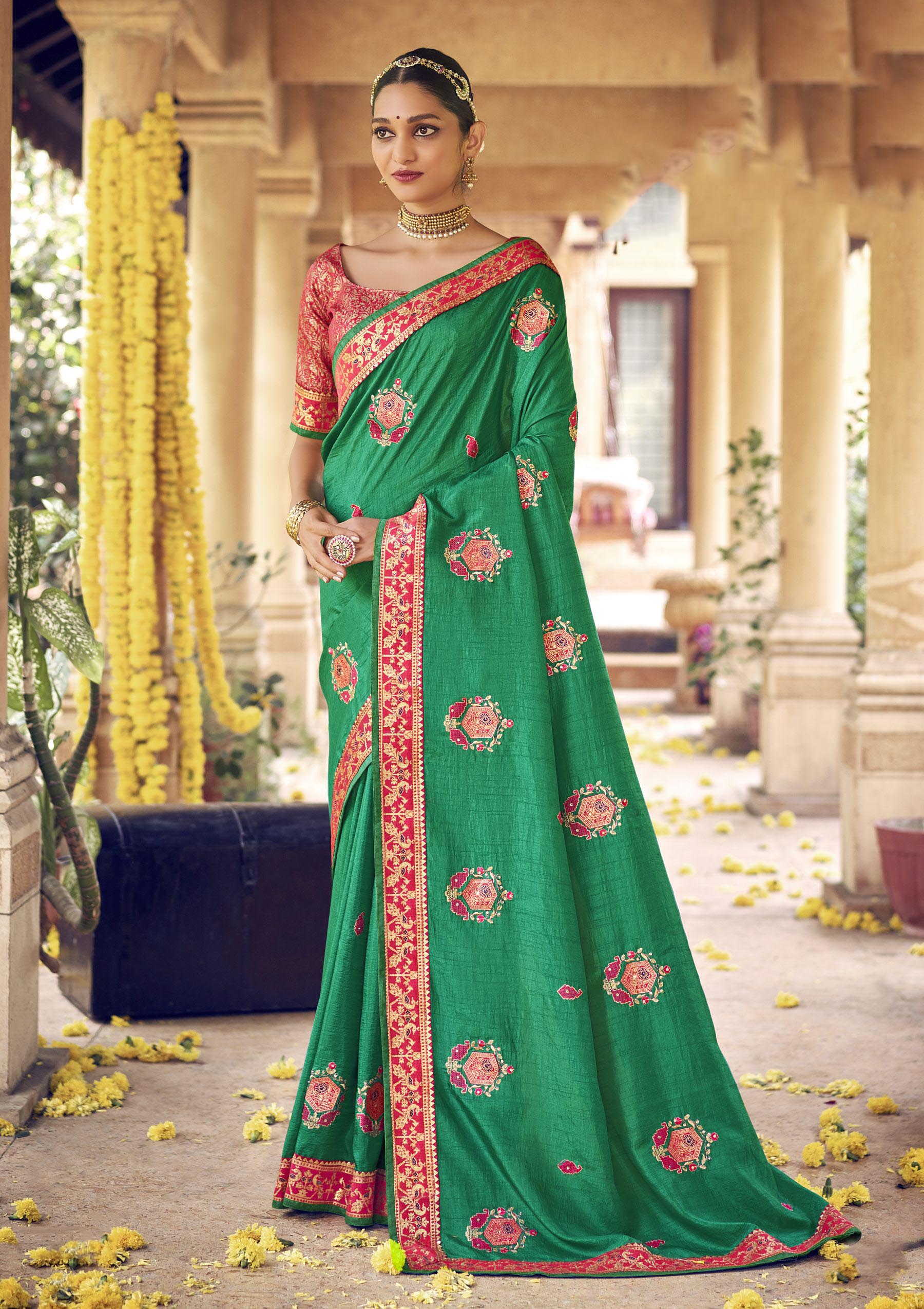 Green Embroidered Silk Contemporary Saree buy online