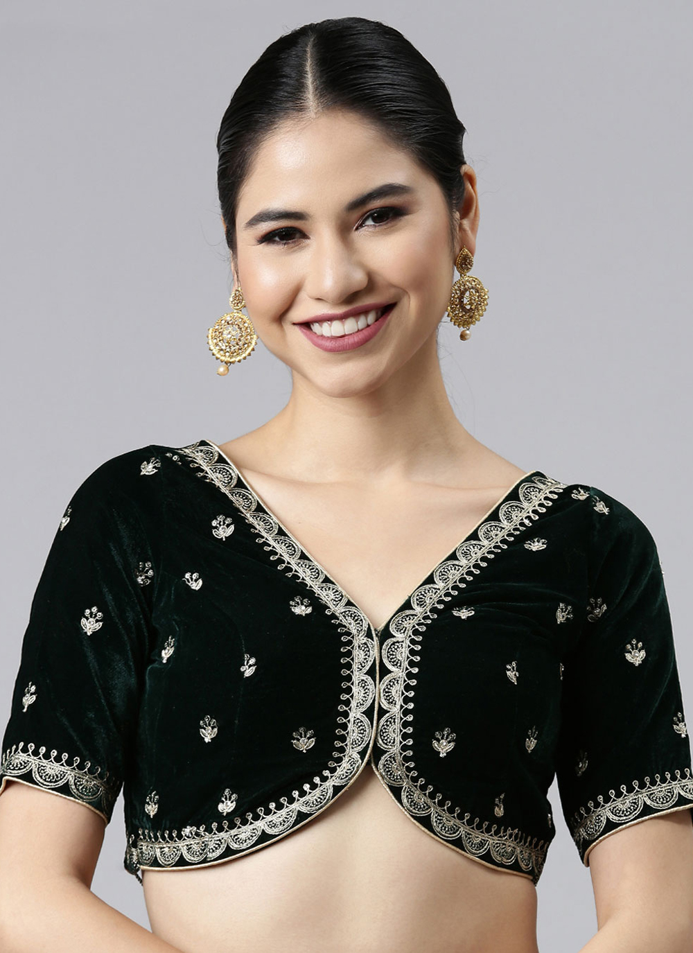 Shop Green Embroidered Velvet Blouse Online 236399