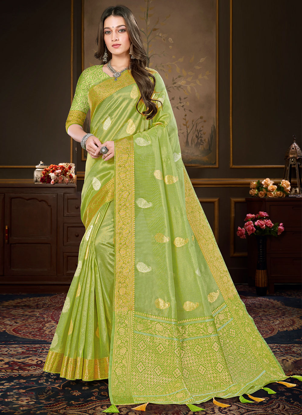 Buy Online Green Organza Festival Classic Saree 234251