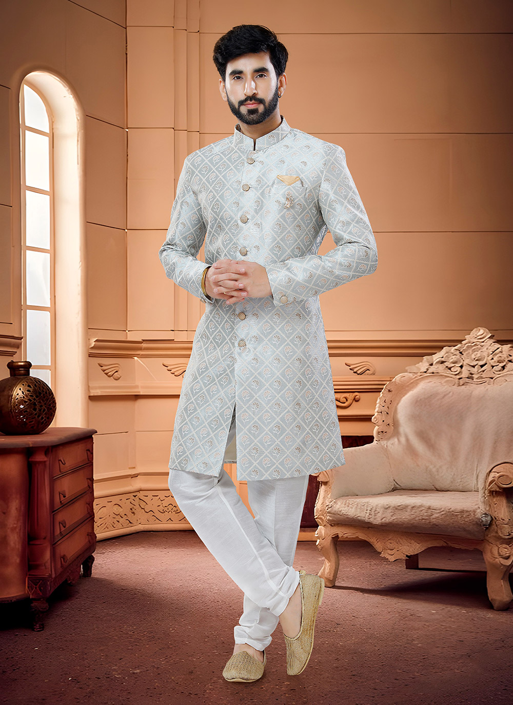 Buy Grey Festival Silk Indo Western Sherwani : 240876