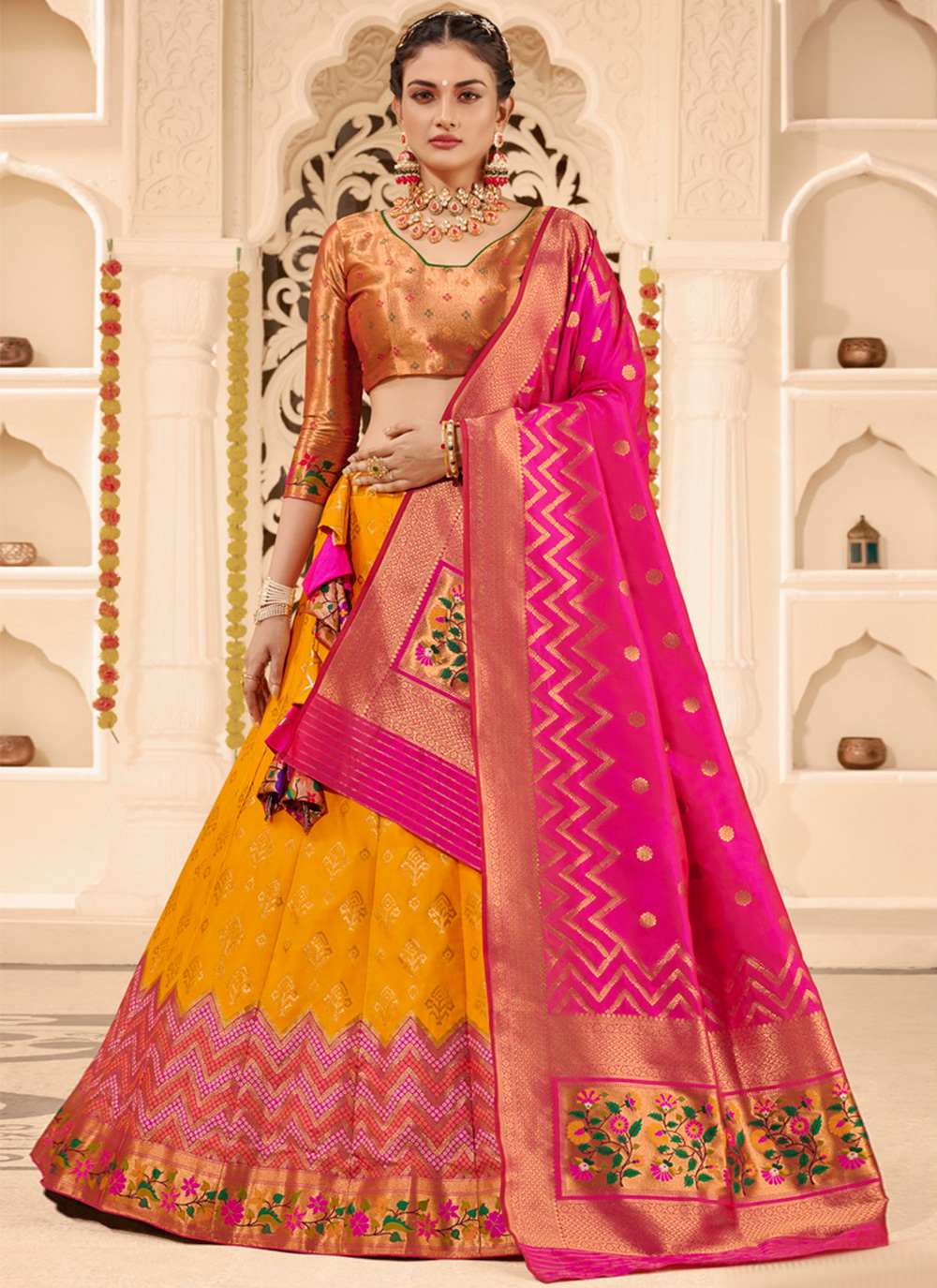 Buy AjFab Yellow Peach Vruti Women's Embroidered Net wedding party festival  ceremony wear Semi Stitched Lehenga Choli with Dupatta Free Size Online at  Best Prices in India - JioMart.