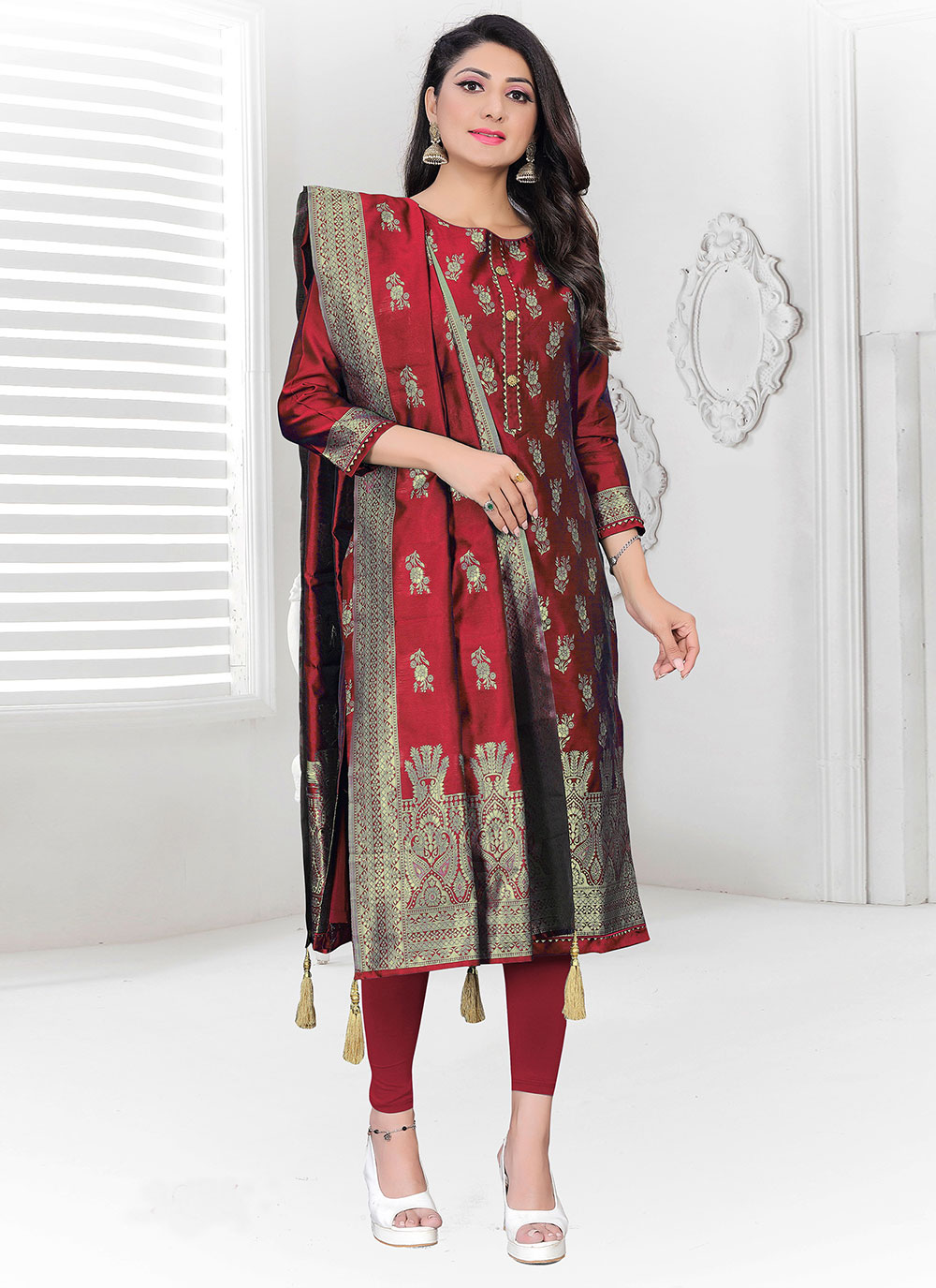 Buy Online Jacquard Maroon Churidar Suit : 224506