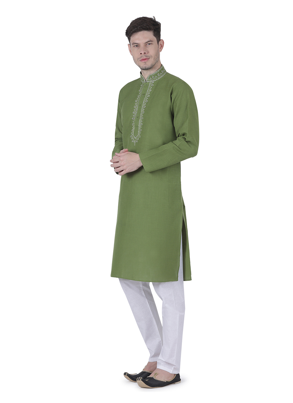 Shop Linen Green Kurta Pyjama Online 229334