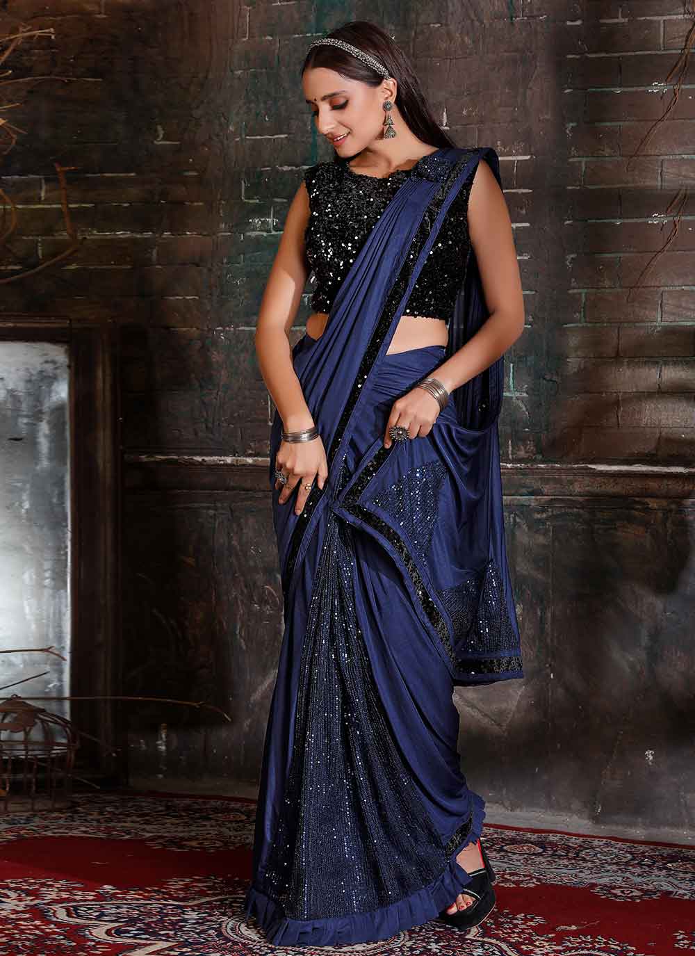 Navy blue Sequins,embroidered Party Wear Saree in Lycra - SR22620
