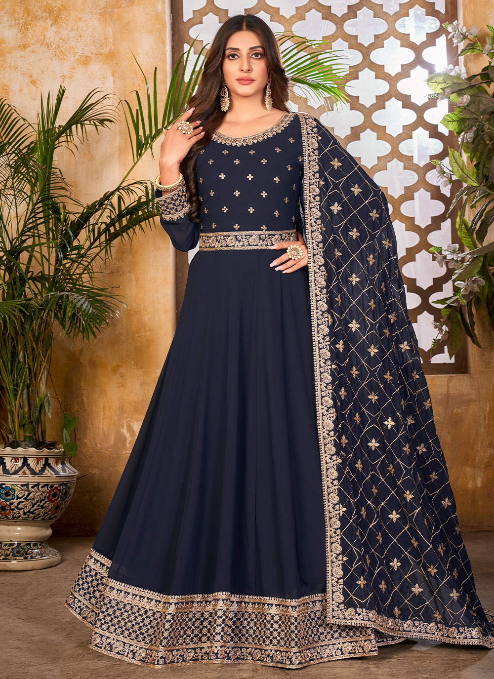 Buy Navy Blue Embroidered Anarkali Salwar Kameez : 235132