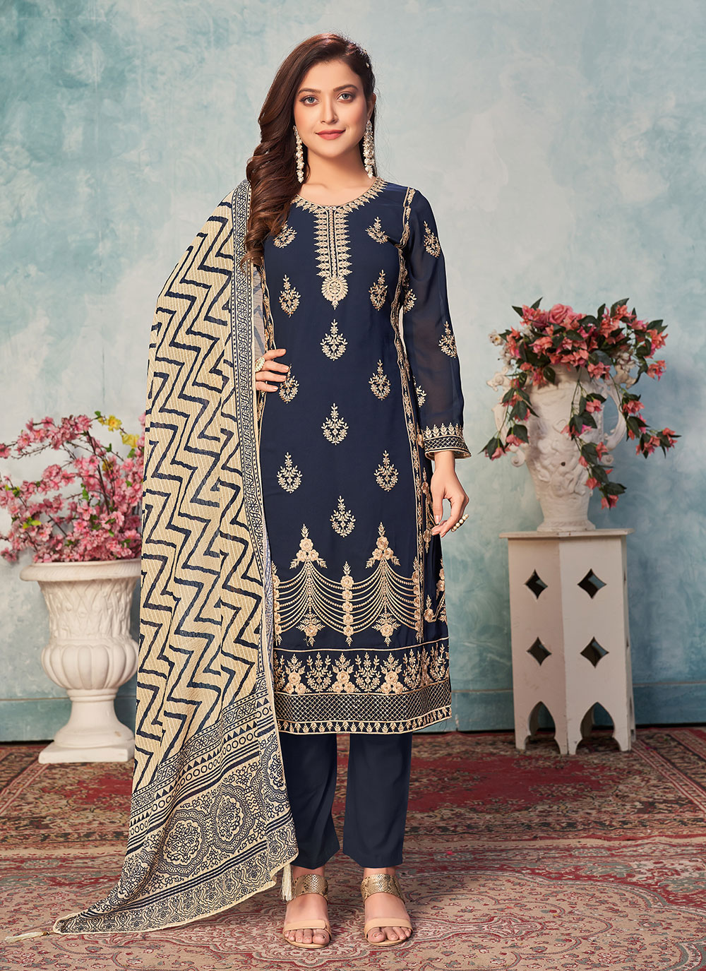 Buy Navy Blue Embroidered Festival Pant Style Suit Online