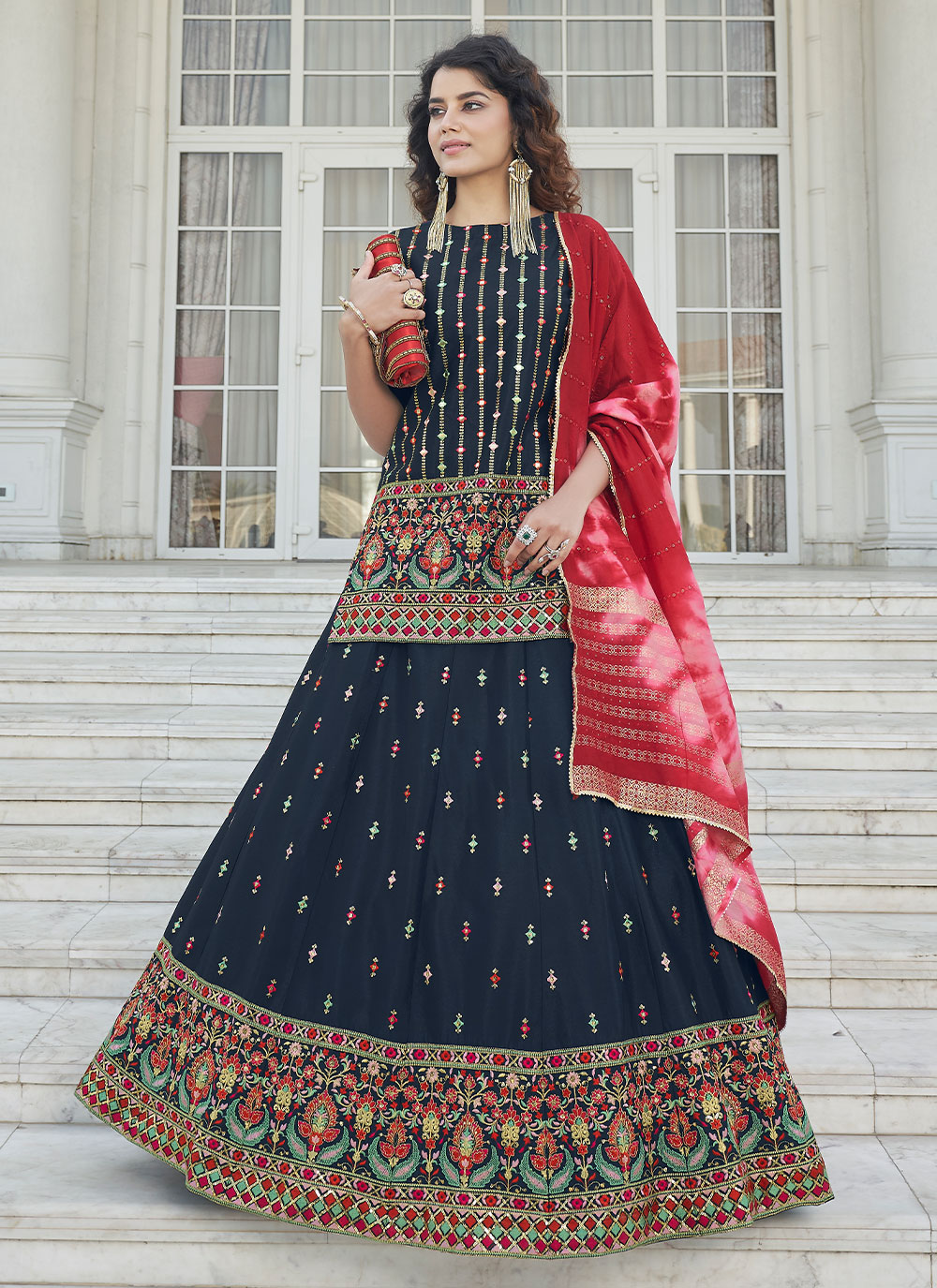 Buy Fabcartz Women Navy Blue, Red Self Design Jacquard Lehenga Choli Online  at Best Prices in India - JioMart.