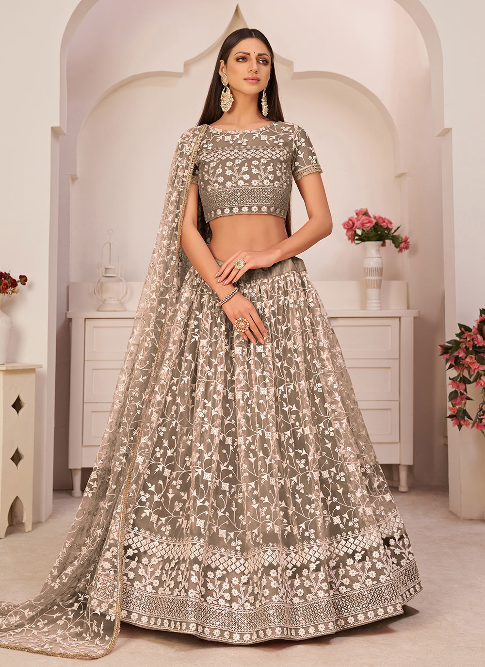 Net A Line Lehenga Choli in Beige buy online