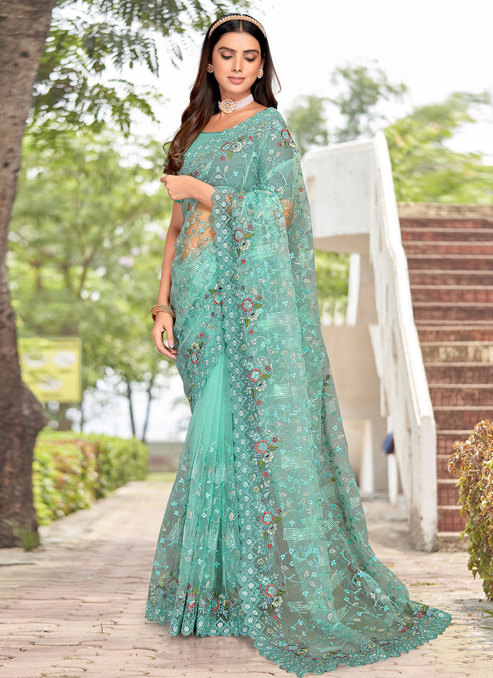 Buy Online Net Designer Saree in Turquoise : 243538