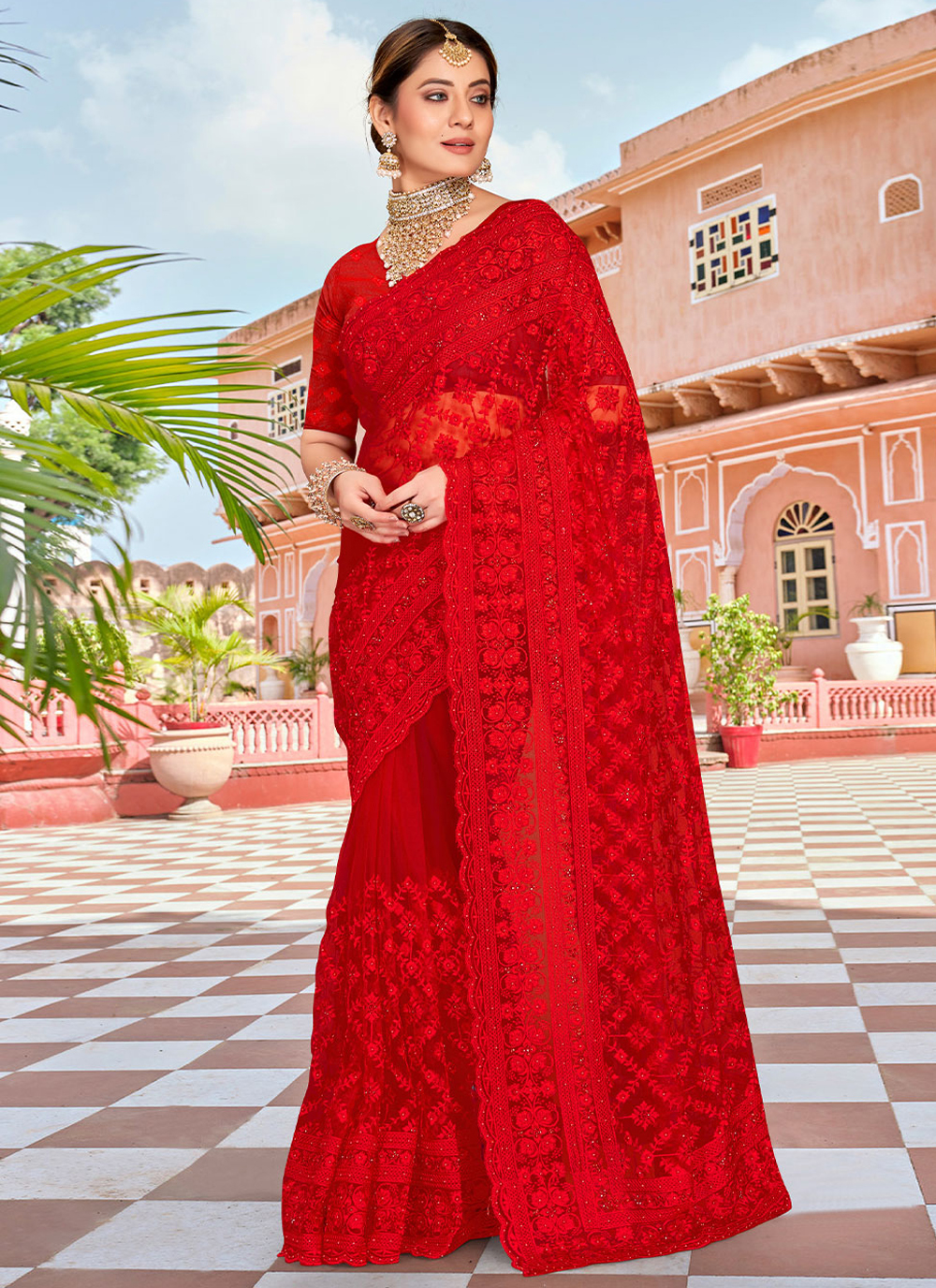 Red Net Party Wear Saree 230547