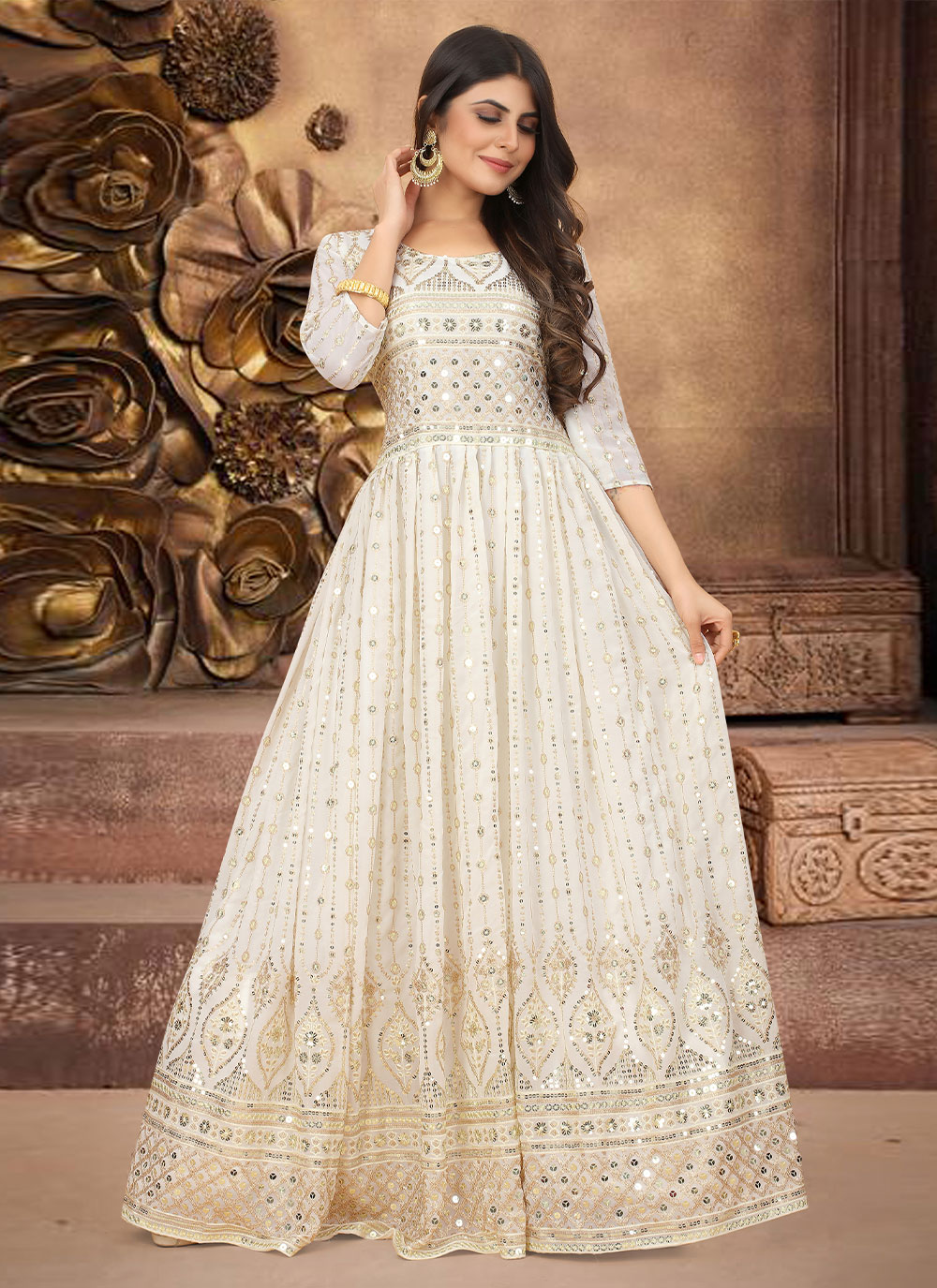 Classic OffWhite Lucknowi Embroidered Floor Length Gown