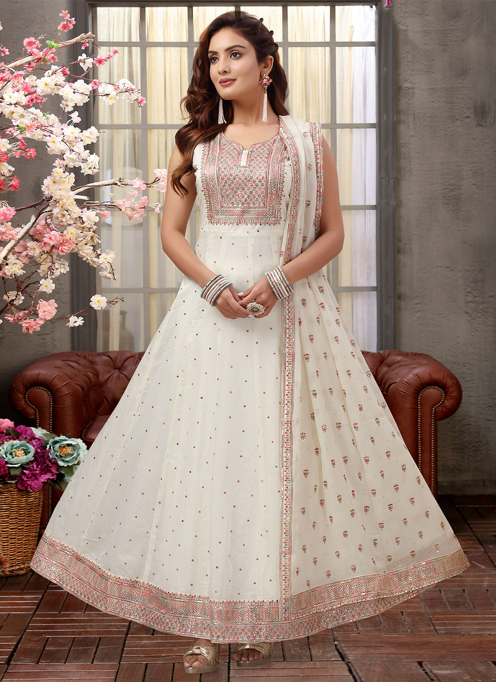 White 2024 silk anarkali