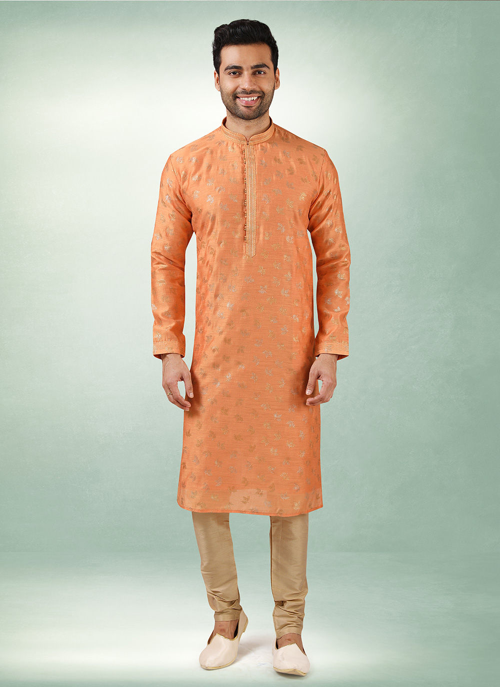 orange art silk engagement kurta pyjama 219325