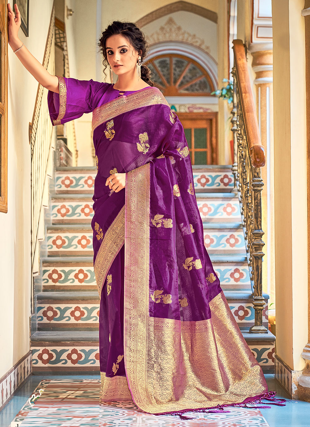 Buy Organza Purple Traditional Designer Saree : 218991