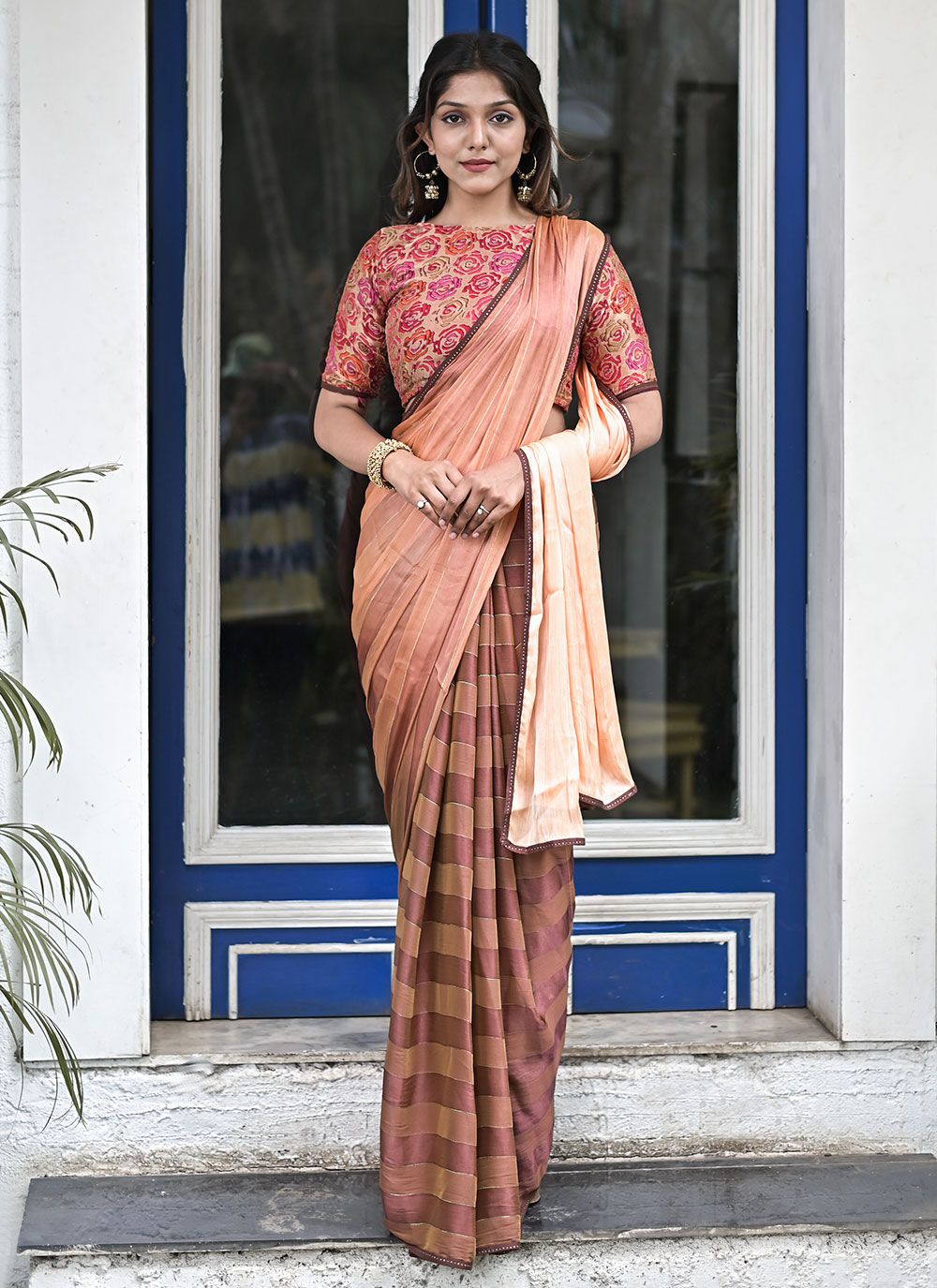 peach stripe print contemporary style saree 223376