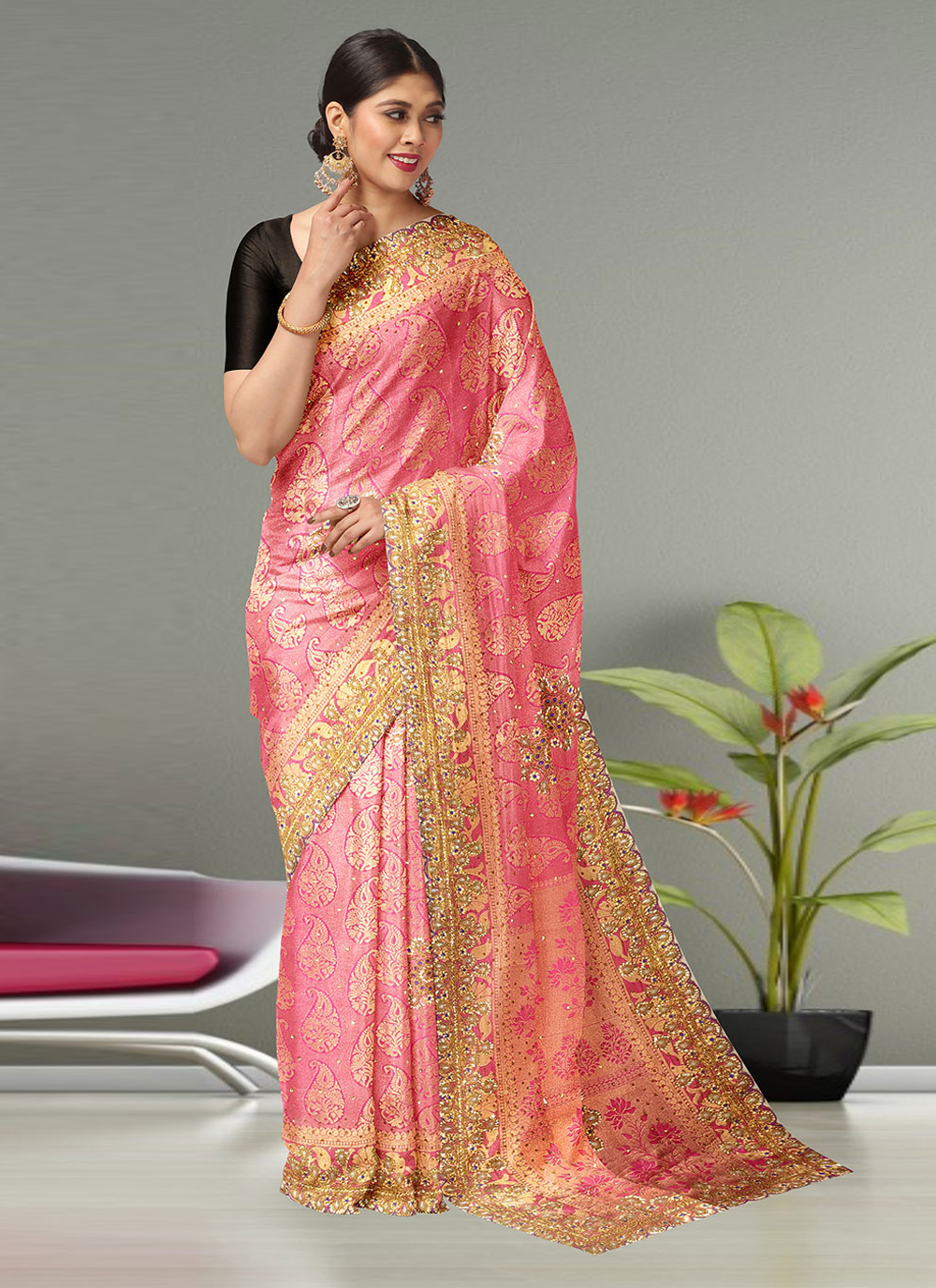 Buy Online Pink Bridal Raw Silk Classic Saree 228701