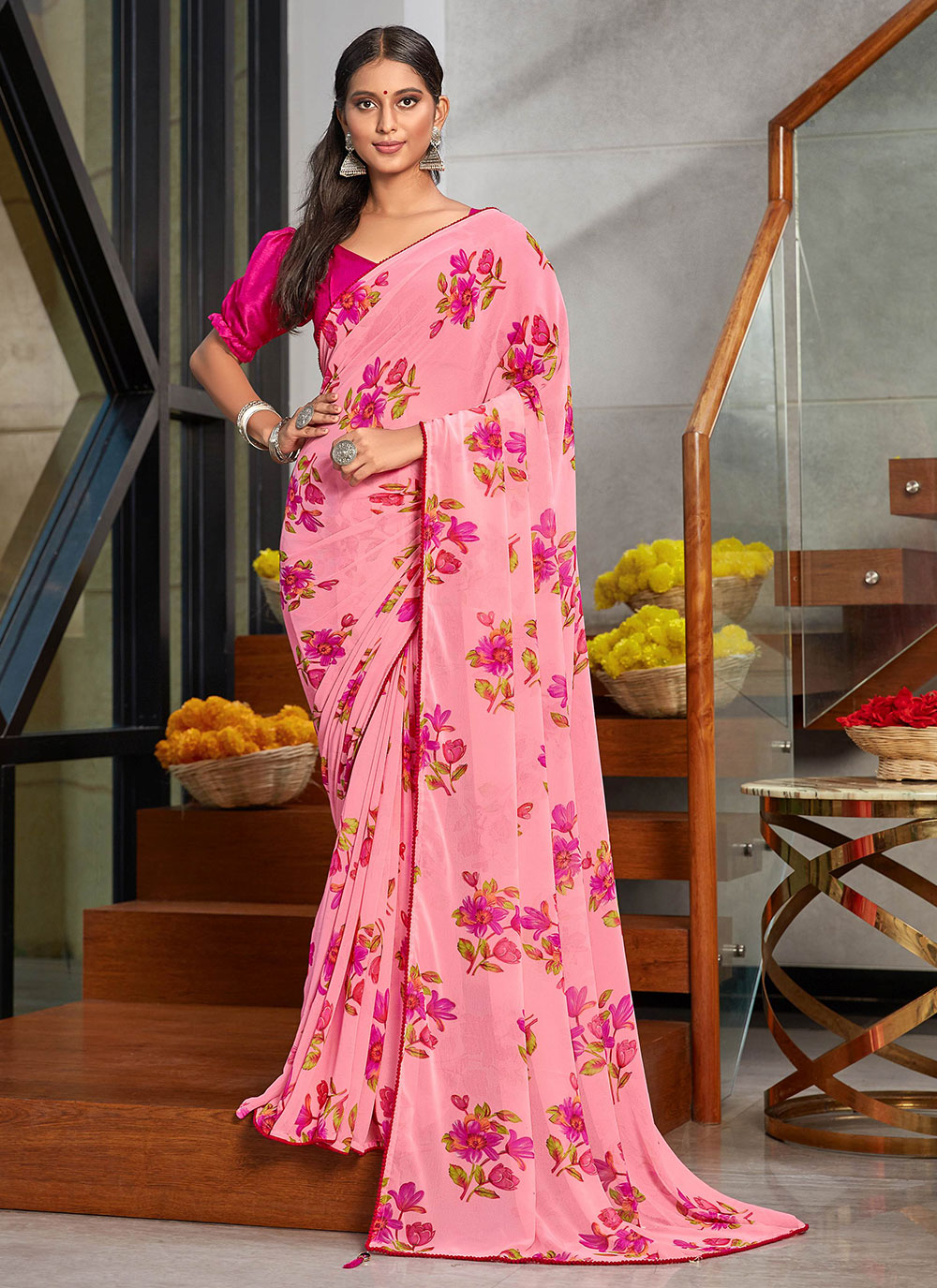 Shop Online Pink Floral Print Saree 214472