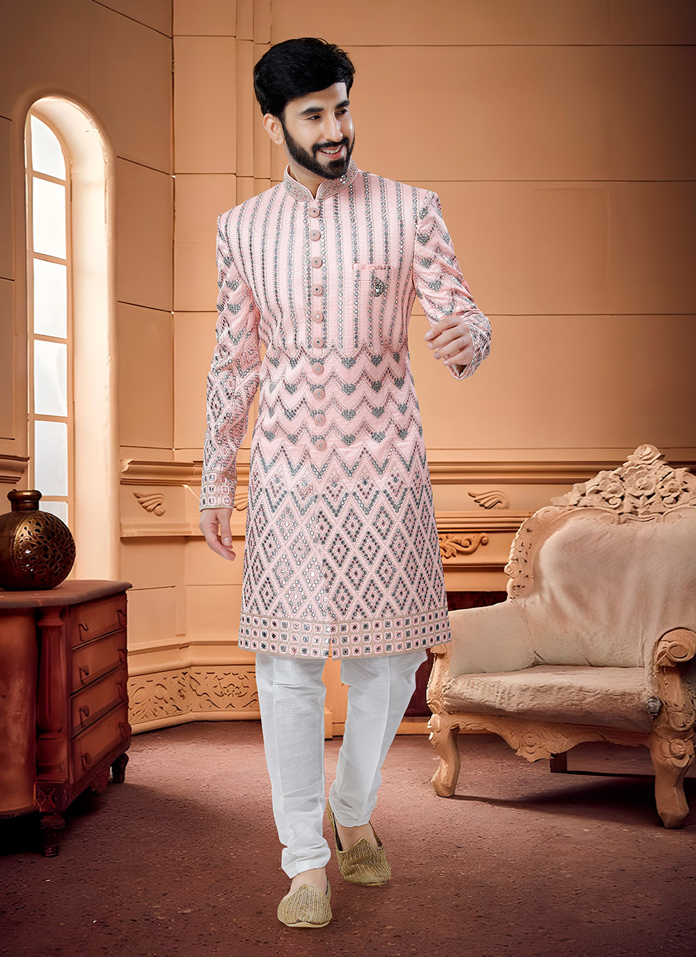 Pink indo western clearance sherwani