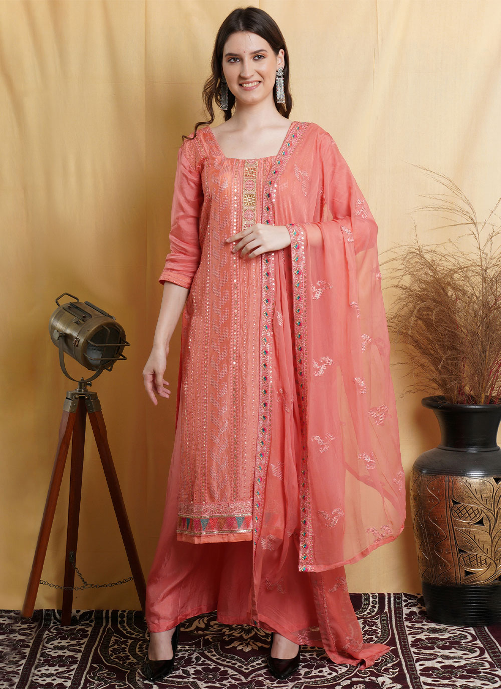 pink zari resham floor length ceremonial churidar suit