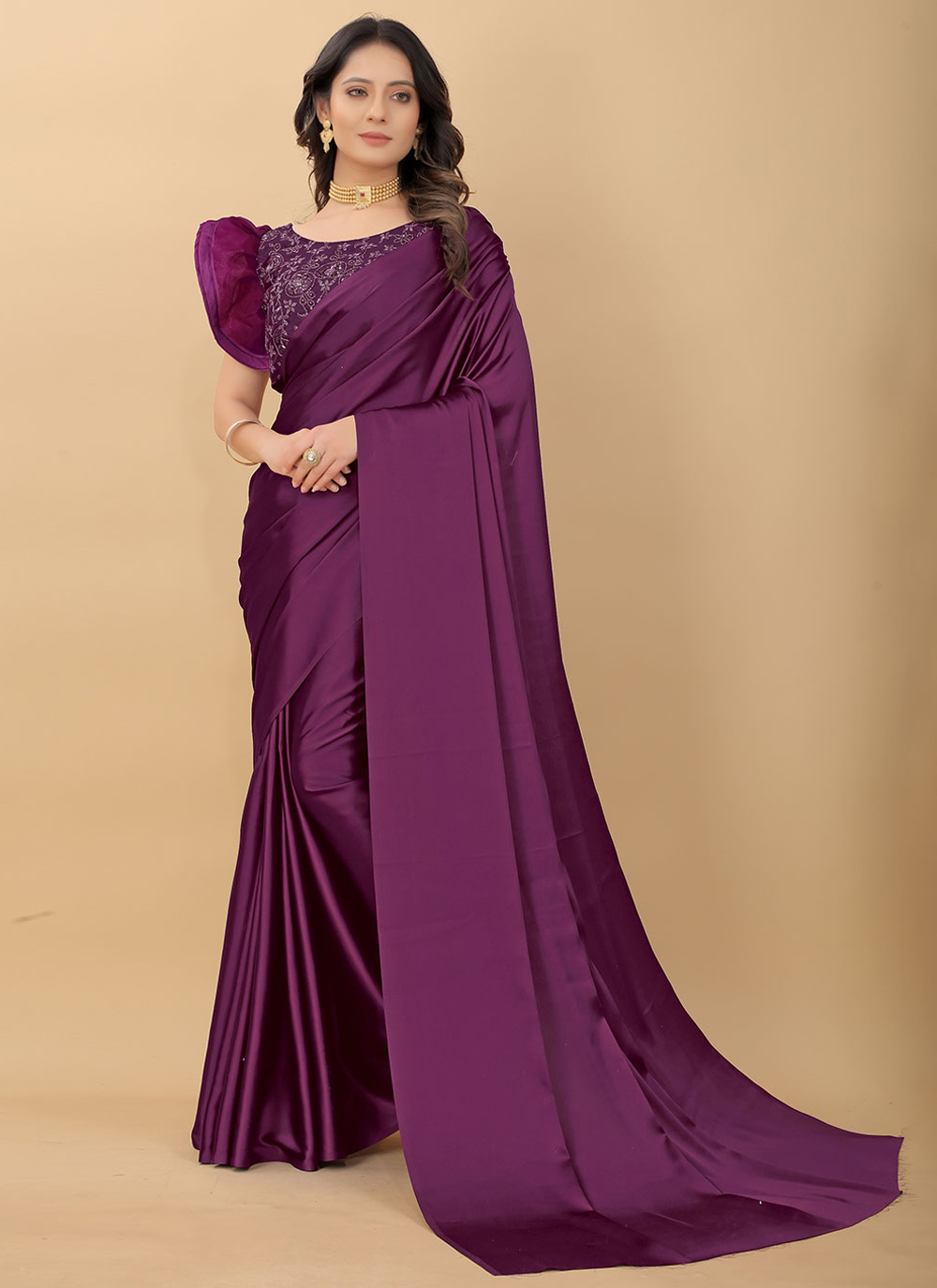 Wine Georgette With Plain And Lace Border Work Saree – BEST SAREE