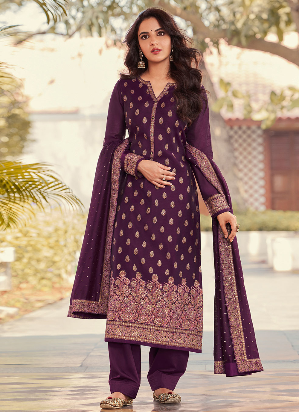 Buy Purple Jacquard Embroidered Straight Salwar Suit : 240535 ...