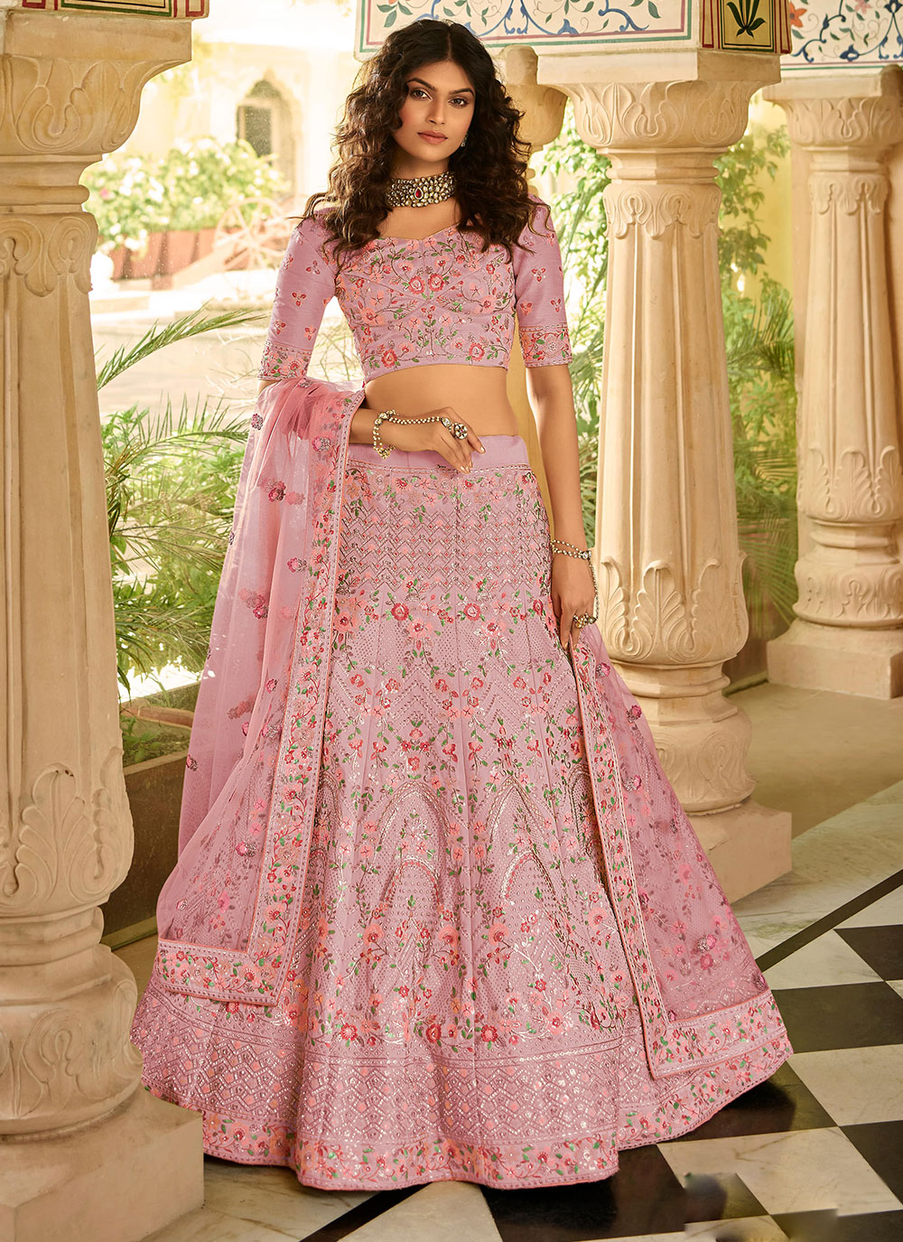 Buy Sangeet Wear Light Pink Sequins Work Nylon Net Lehenga Choli Online  From Surat Wholesale Shop.