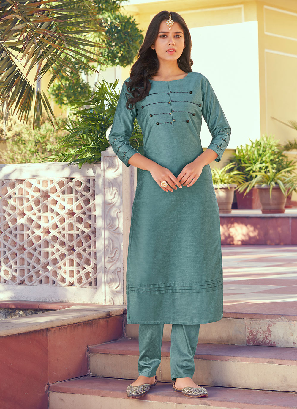 Shop Silk Blue Embroidered Casual Kurti Online 228352