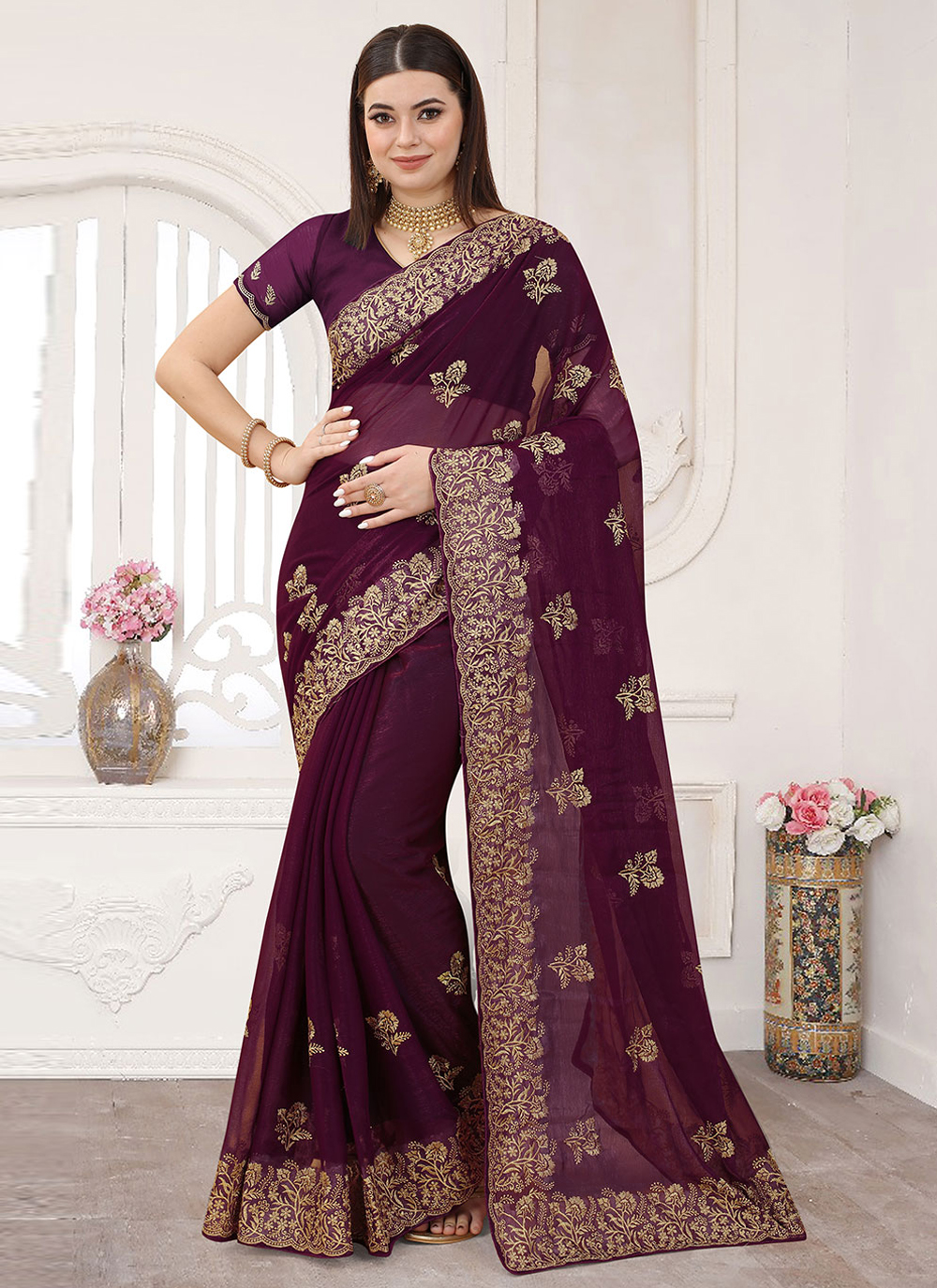 Shop Silk Embroidered Wine Saree Online : 240818