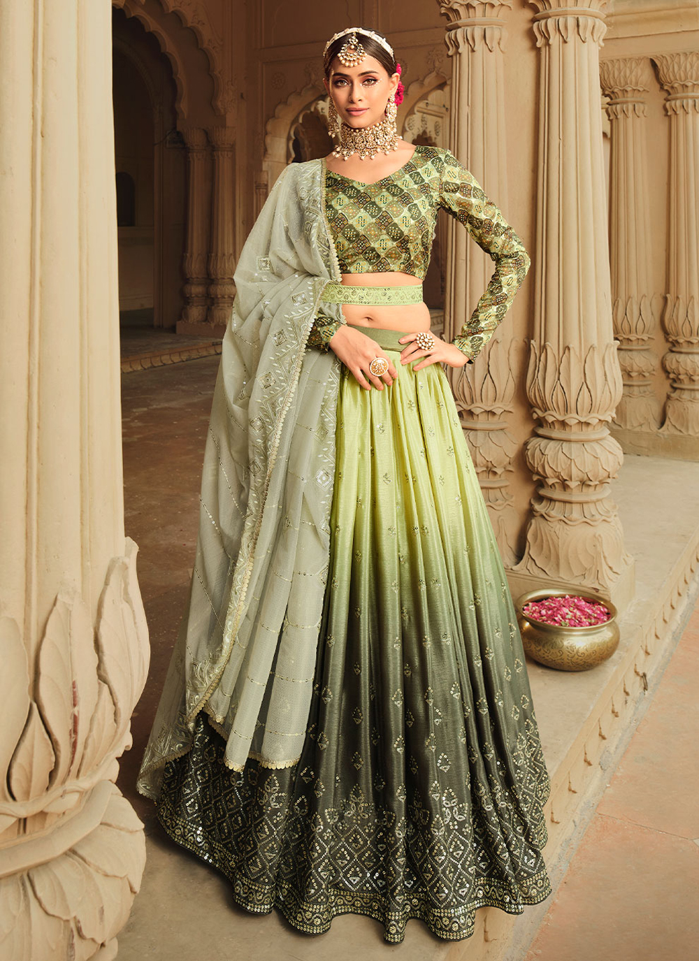 Buy Green Weaved Silk Wedding Lehenga Choli at fealdeal.com