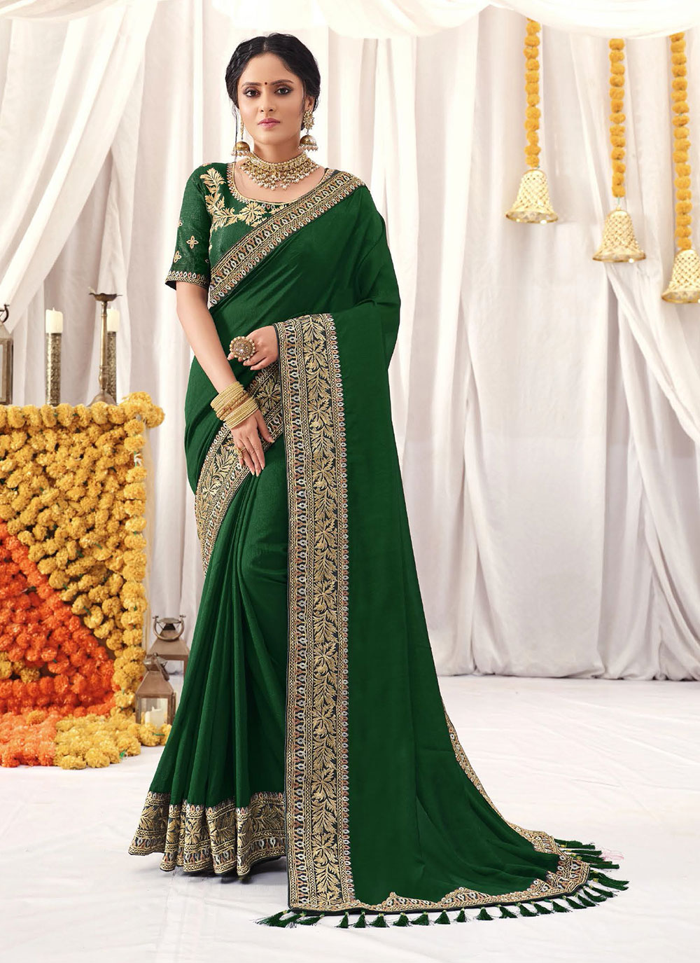 Buy Emerald Green Saree With Sequins Rose Embroidery by NAKUL SEN at Ogaan  Online Shopping Site