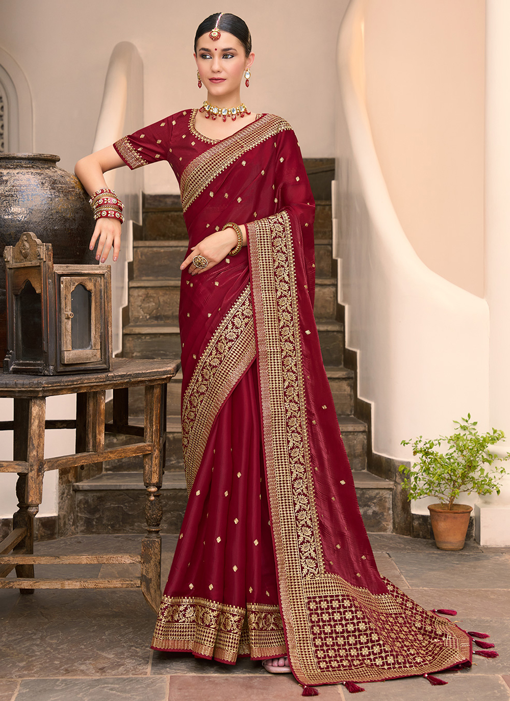 Silk Maroon Embroidered Contemporary Saree buy online