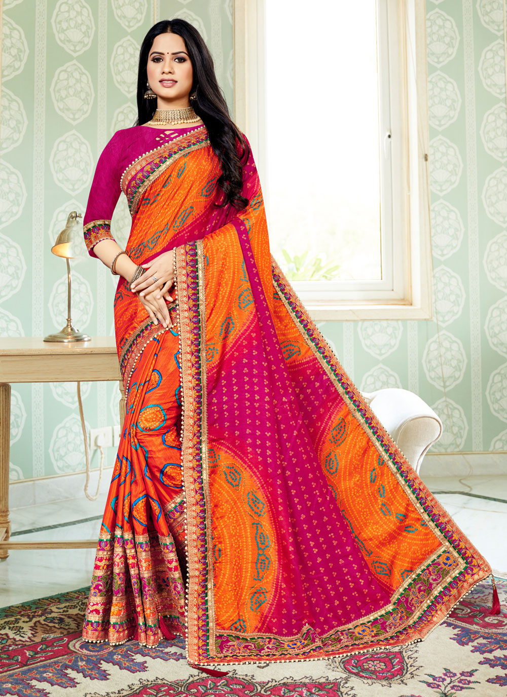 silk patch border bandhani saree 215806