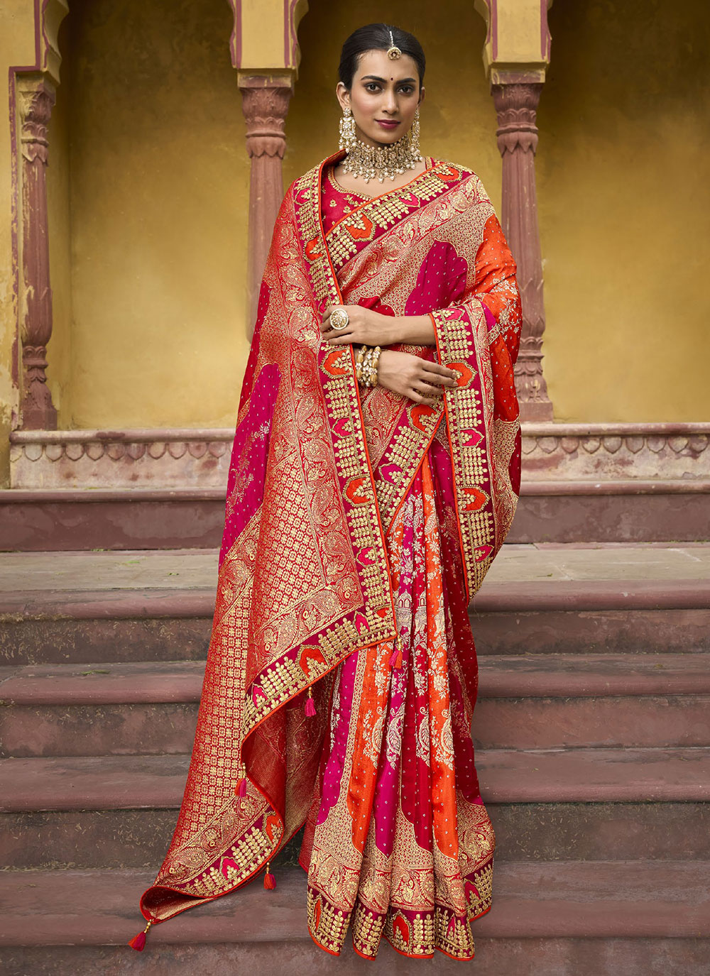 LipstickRed Panetar Style Patola Saree with Mirror Embroidery | TST | The  Silk Trend