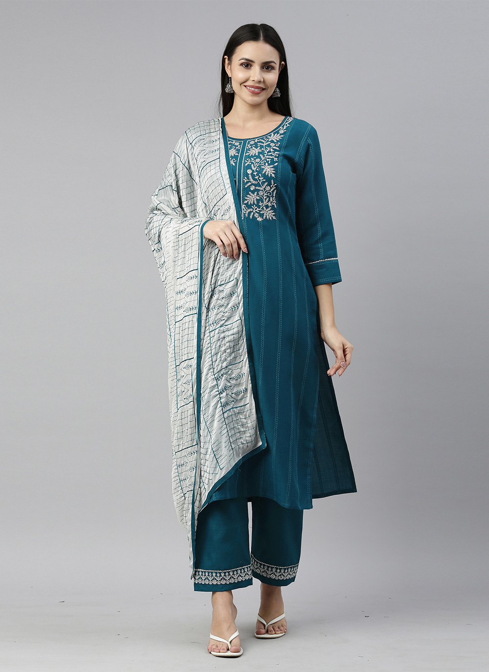 Buy Teal Chikankari Work Casual Readymade Salwar Kameez Online