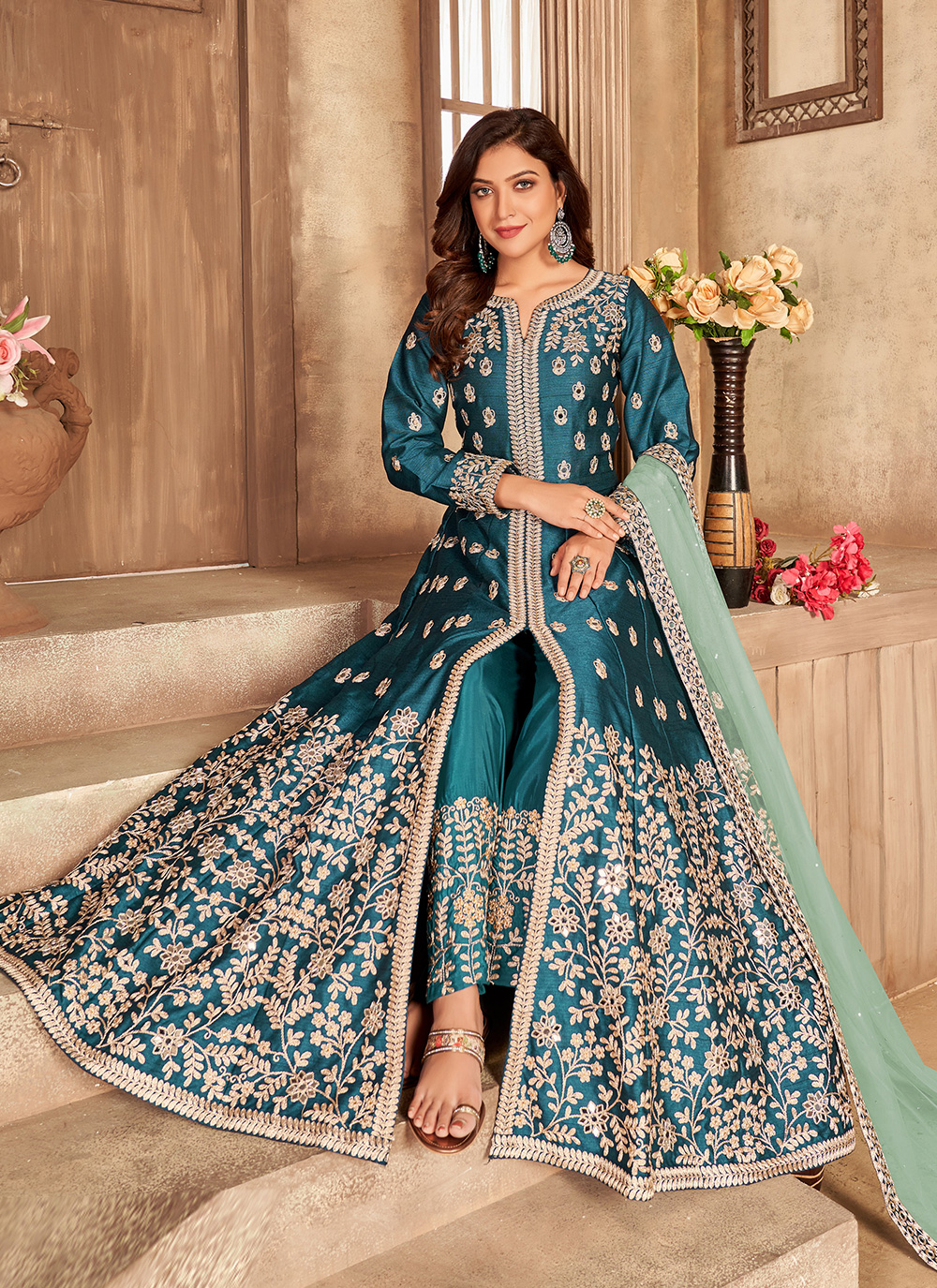 Buy Teal Embroidered Mehndi Floor Length Designer Suit 212033