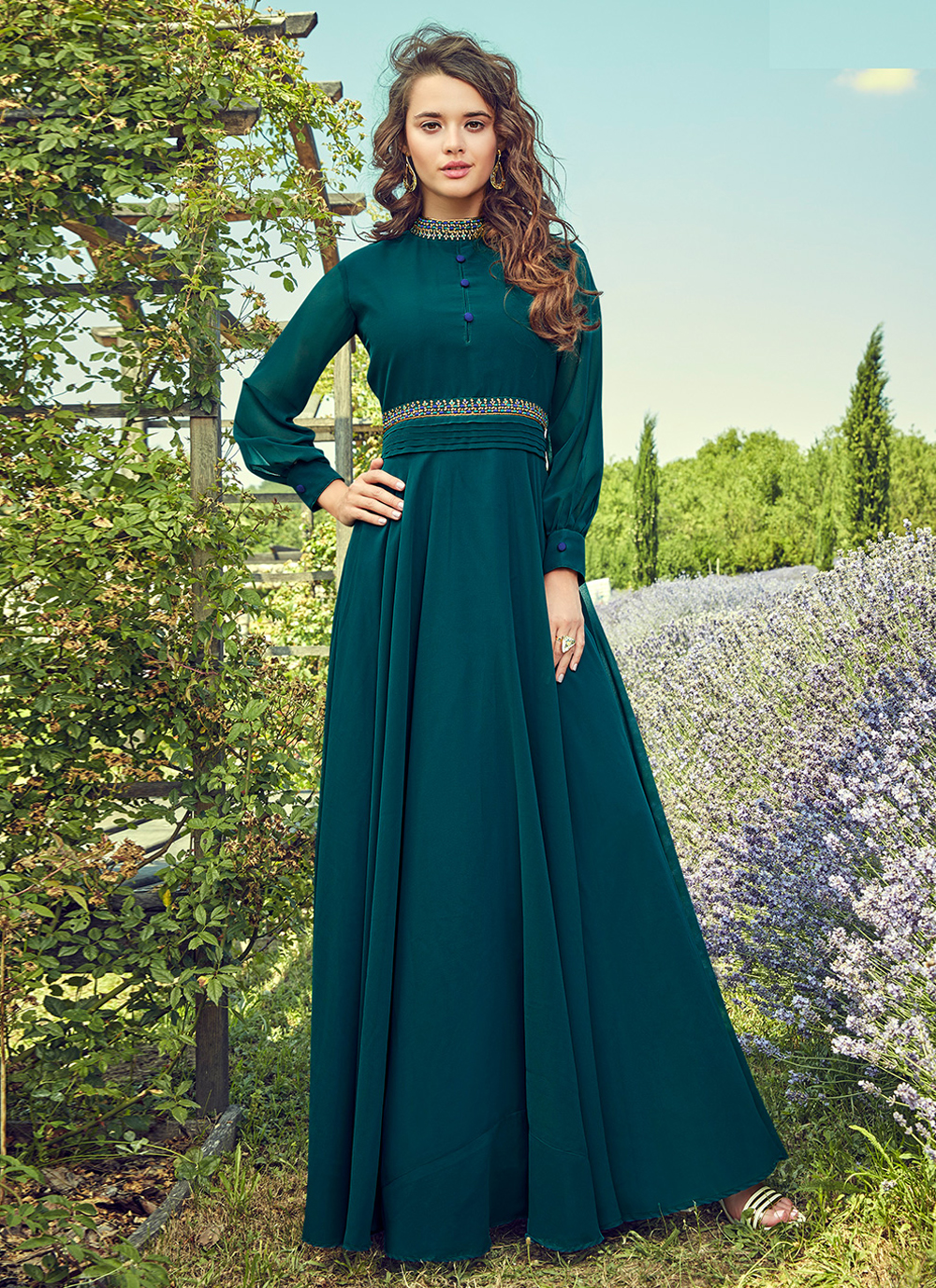 Buy Teal Plain Gown : 244411