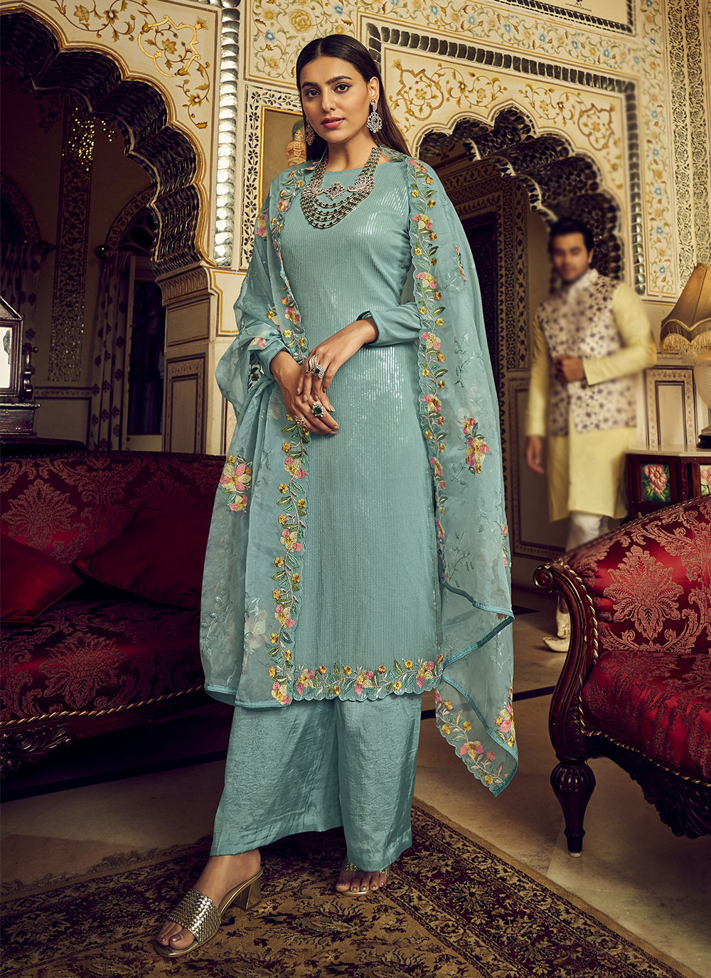 Buy Online Turquoise Georgette Embroidered Pakistani Salwar Kameez ...