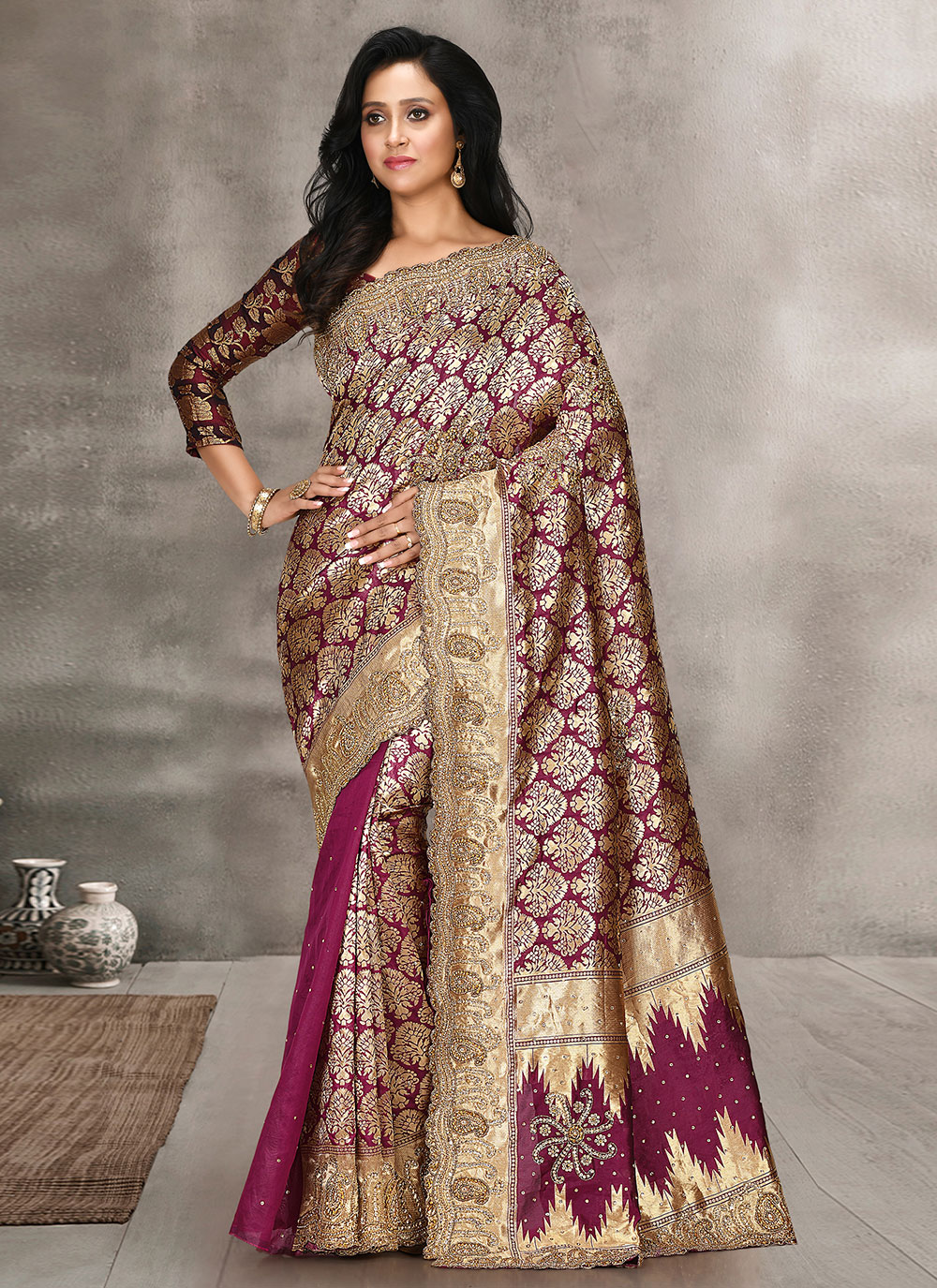 Deep purple kanjivaram saree with maroon pallu and border