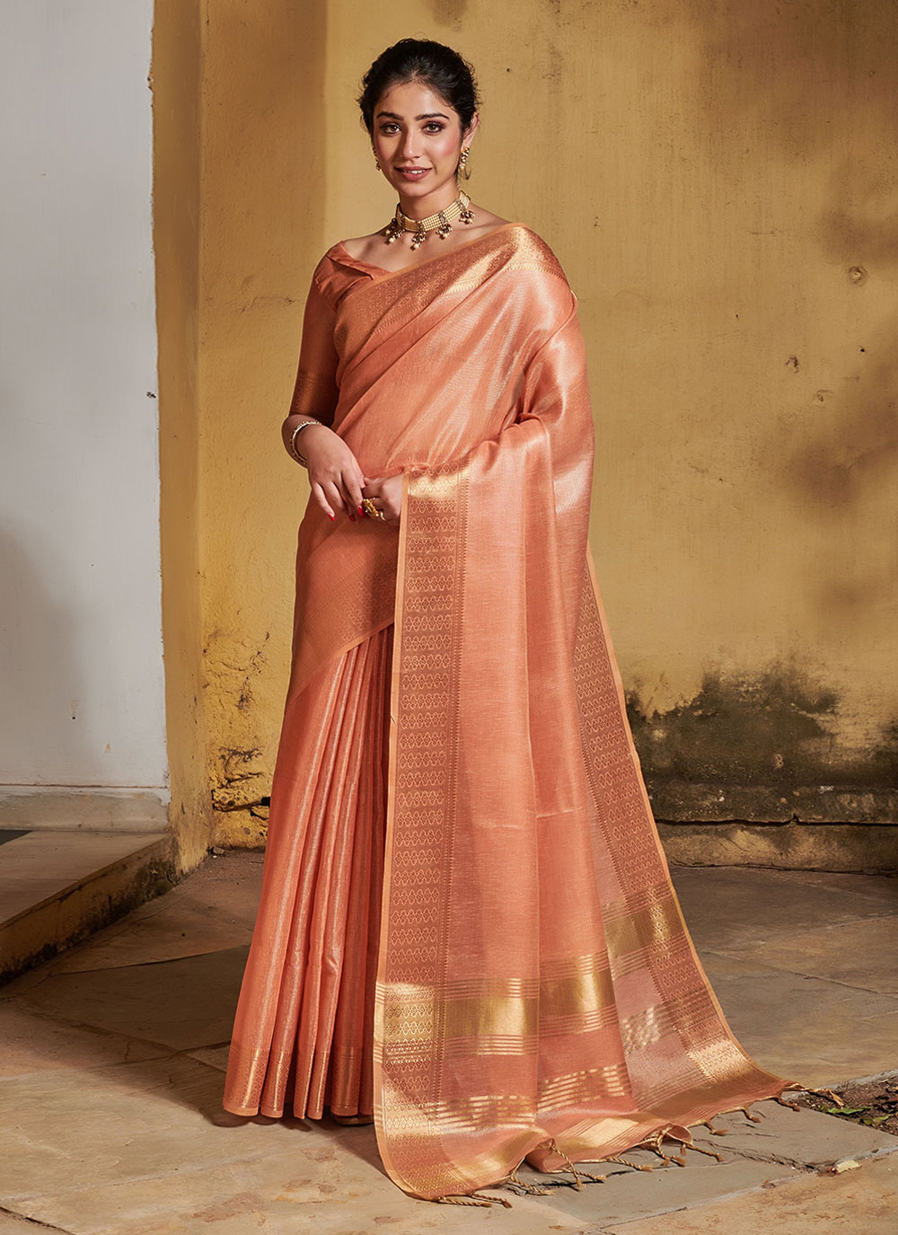 Designer Soft Mulberry Silk Weaving Saree In Peach