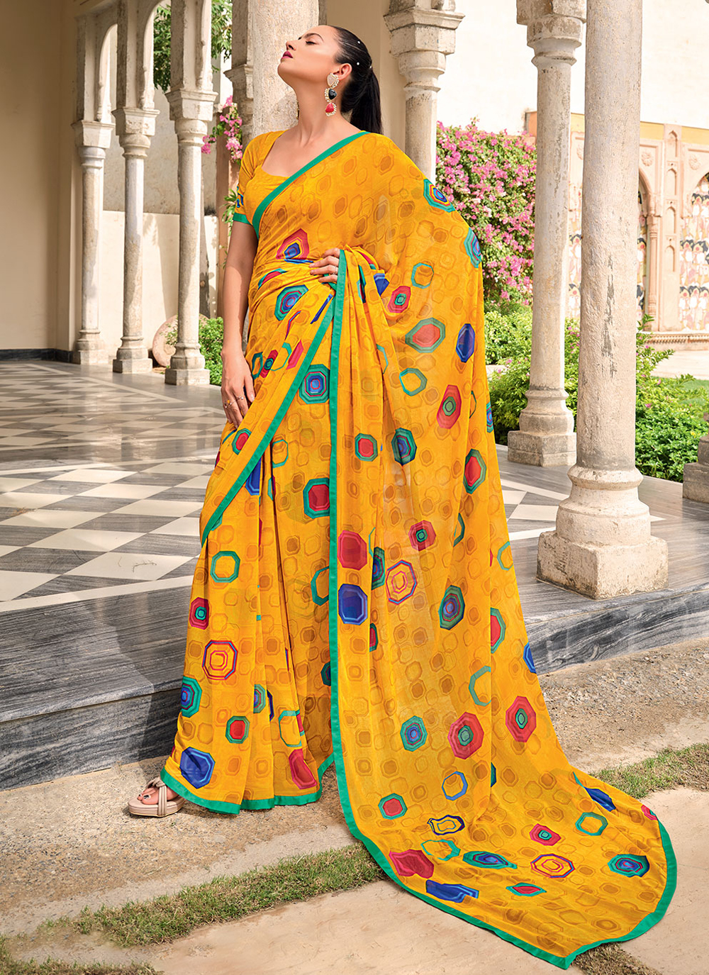 Weight Less Yellow Border Contemporary Saree buy online -