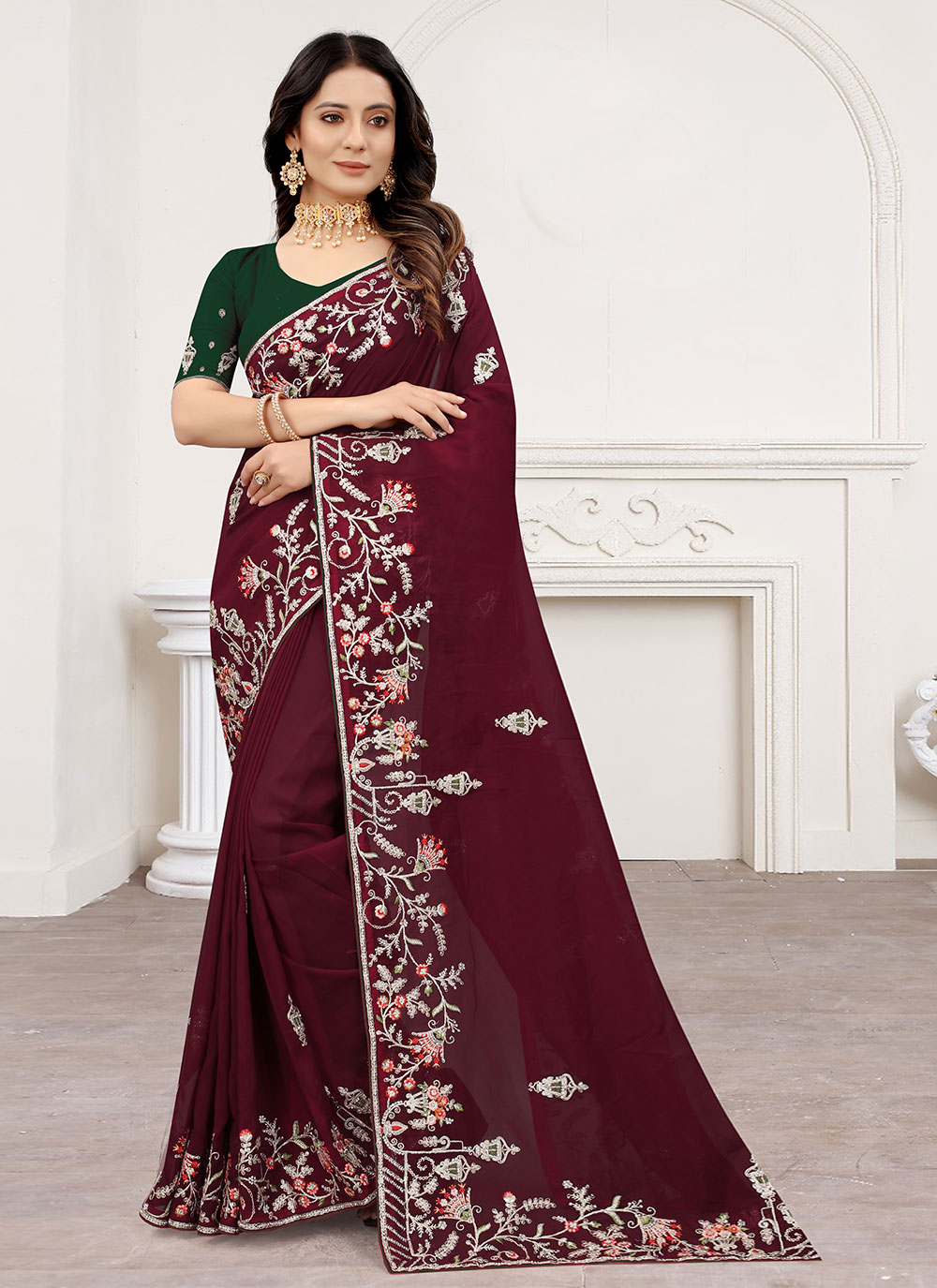 Buy Online Zircon Maroon Net Classic Designer Saree : 224598 -