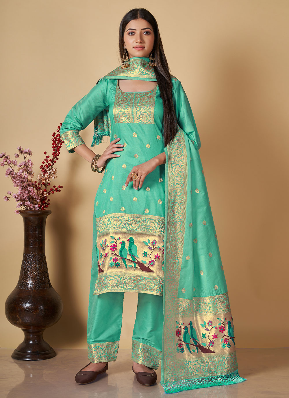 Green Color Banarasi Gown with Heavy Banarasi Dupatta | Designer anarkali  dresses, Indian designer outfits, Dress indian style