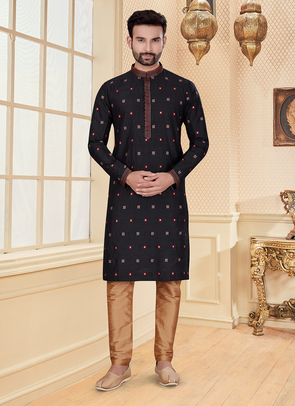 black resham thread work mehndi kurta 268018