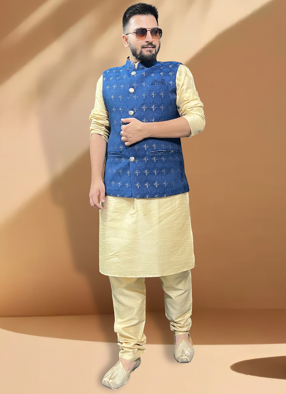 Golden kurta pajama with blue jacket new arrivals