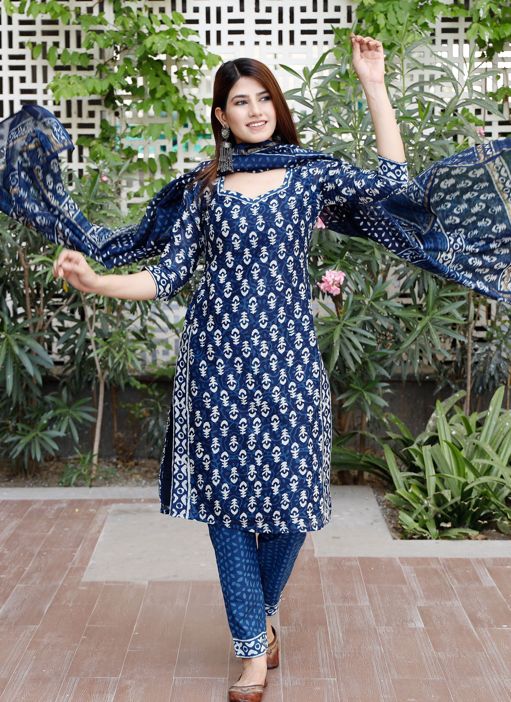 Shop Online Blue Mehndi Cotton Pant Style Suit : 247137