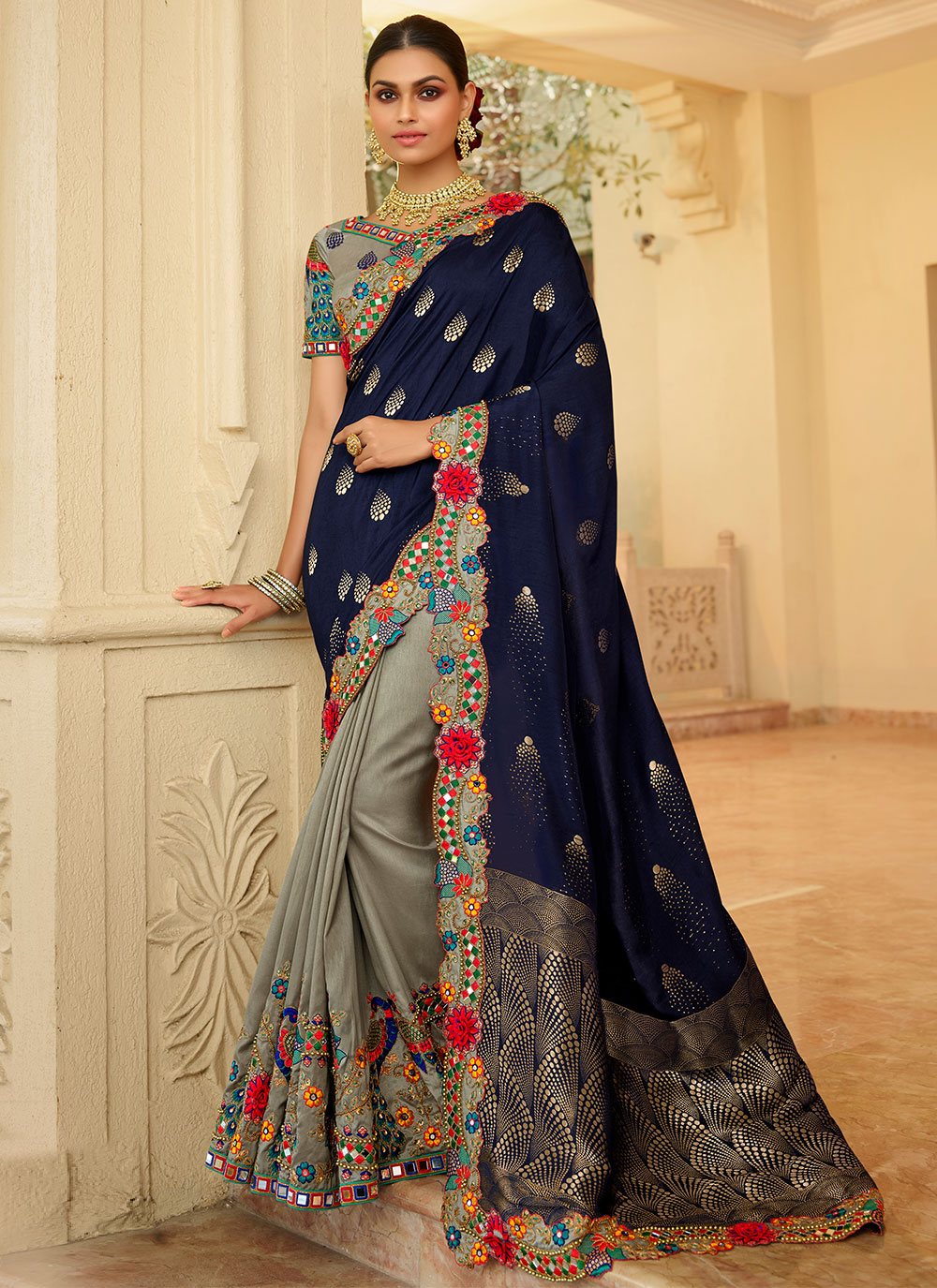 Black Banarasi silk saree with Silver Jari | Saree with Stitched Blous –  Vara Vastram