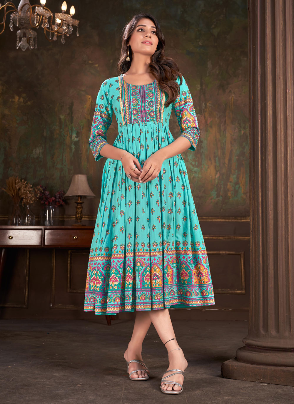 Buy Online Catchy Aqua Blue Cotton Designer Kurti : 275483 - Best Seller