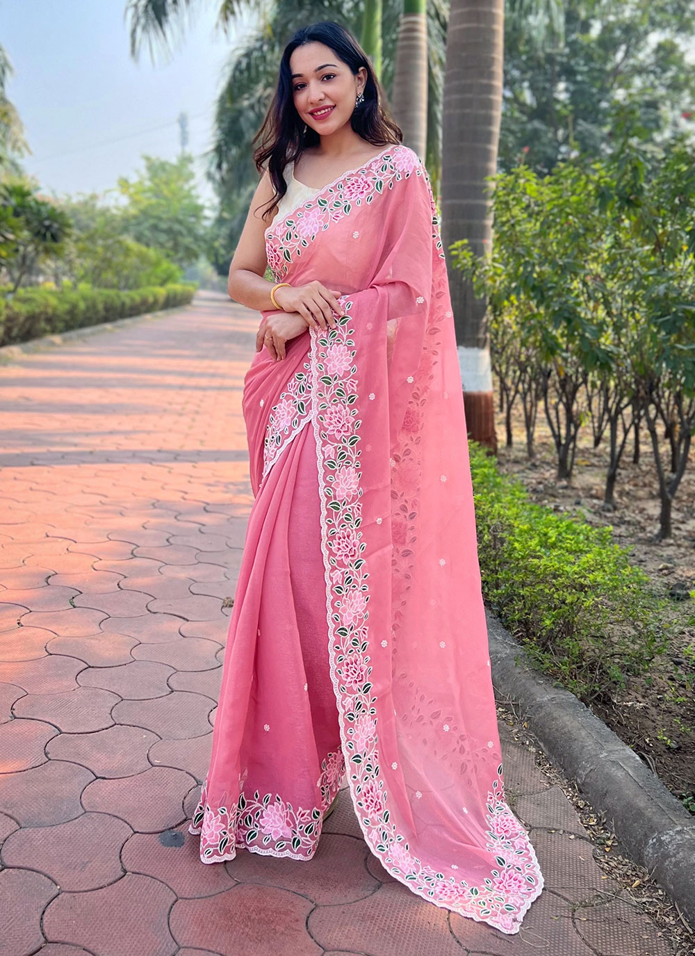 Baby Pink Rose Pure Chiffon Ribbon-Work Saree | Pure chiffon sarees, Saree  dress, Elegant saree