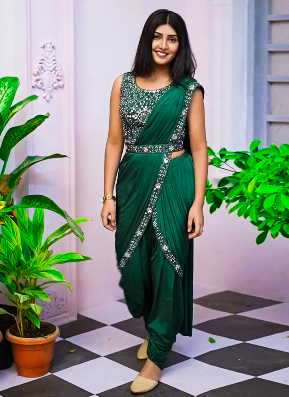 Buy Green Crepe Embroidery And Print Pre-draped Bandhani Saree With Blouse  For Women by Nupur Kanoi Online at Aza Fashions.